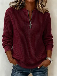 Casual waffle knit pullover sweater for women with half zip up long sleeves top.