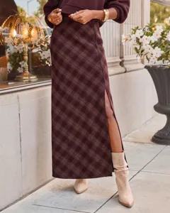 Vintage plaid side slit maxi skirt high waist A-line long skirt for women autumn wear