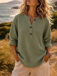 Casual women waffle knit henley long sleeve top loose comfortable button pullover shirt