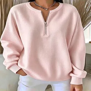 Women half zip ribbed knit sweater loose drop shoulder solid color long sleeve top detail