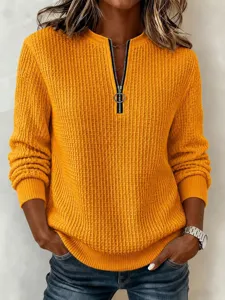Women's Half-Zip Waffle Knit Sweater Casual Long Sleeve Pullover Autumn Winter Solid Color Top