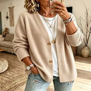 Waffelstrick Cardigan, lässige weite V-Ausschnitt Strickjacke für Damen im Alltag.