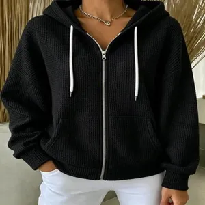 Black waffle knit zip up hoodie for women casual long sleeve hooded outwear top size