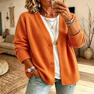 Einfarbiges Waffelstrick Cardigan Detail, Damen lose V-Ausschnitt Strickjacke Oberbekleidung stilvoll.