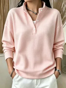 Women pink waffle knit button long sleeve top casual loose henley collar pullover blouse