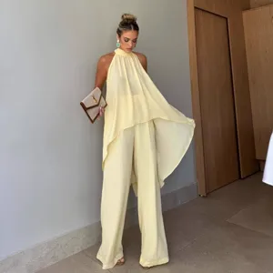 Summer casual solid color sleeveless halter top and wide leg pants set for women, elegant style.