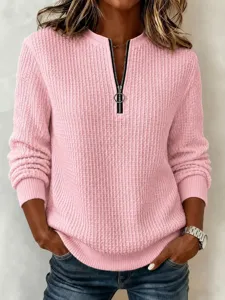 Pink waffle knit sweater for women, casual half-zip long sleeve pullover for autumn winter.
