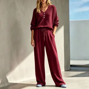 Waffle knit long-sleeve top and drawstring wide-leg pants lounge set for women.