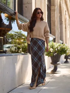 Women's Vintage Plaid Split Long Skirt Autumn Brushed High Waist A-Line Maxi Skirt Casual Elegant Ladies Bottoms
