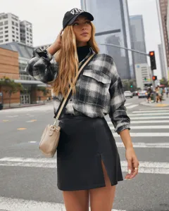 Plaid flannel shirt detail, casual long sleeve button down with chest pockets for women.
