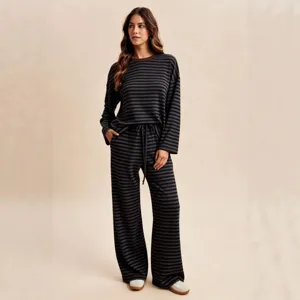 Stylish striped long sleeve top and wide leg pants loungewear set for women casual wear