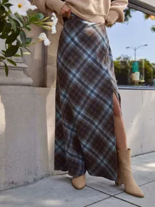 Retro plaid split long skirt for women, autumn brushed high waist A-line maxi skirt main