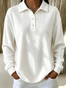 Women's white waffle knit long sleeve polo shirt casual button down top for daily wear