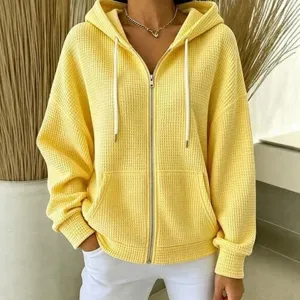 Women Casual Waffle Knit Hooded Zipper Cardigan Sweatshirt Loose Long Sleeve Solid Color Daily Top