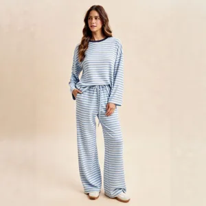 Comfortable blue white striped long sleeve top and wide leg pants loungewear set for women.