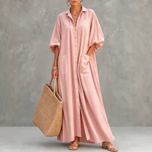 Women pink maxi shirt dress casual loose button down long sleeve pocket long dress new