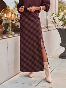 Vintage plaid maxi skirt for women, stylish high-waist long skirt with chic side slit.
