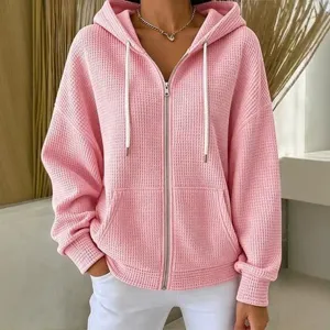 Women pink waffle knit full zip hoodie casual long sleeve hooded sweatshirt outerwear