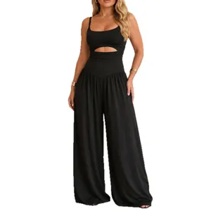 Tuta nera senza maniche da donna con ritaglio, vita alta elegante gamba larga.