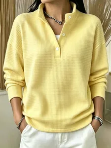 Women's Casual Waffle Knit Long Sleeve Top Solid Color Henley V-Neck Button Down Loose Pullover Fall Apparel