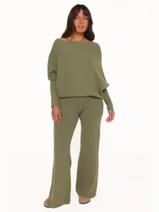 Women's Casual Knitted Off-Shoulder Long Sleeve Sweater and Flare Pants Set Solid Color Elegant Two Piece Outfit