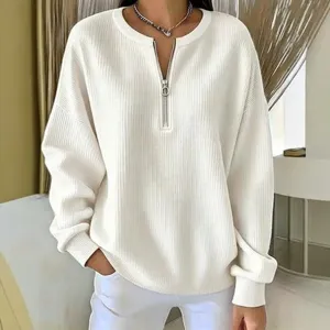 Women half-zip ribbed knit sweater loose drop shoulder solid long sleeve top casual chic