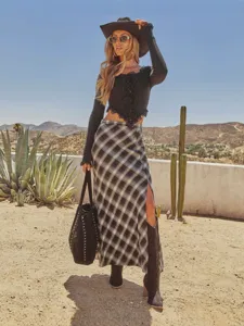 Retro Plaid Split Long Skirt Women Autumn High Waist A-Line Casual Maxi Skirts