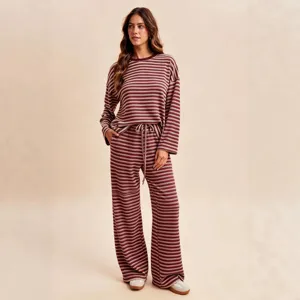 Women striped long sleeve set casual loose drawstring wide leg pants two piece loungewear outfit