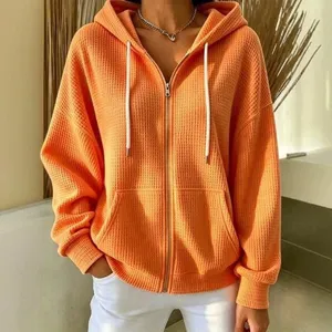 Women waffle knit zip up hoodie casual loose drop shoulder hooded outerwear orange top