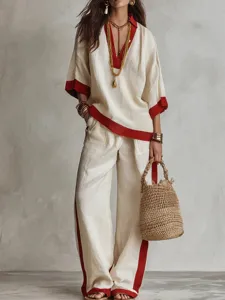 Casual linen two piece set for women contrast color loose V-neck top wide leg pants autumn