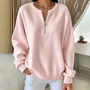 Women's half-zipper ribbed knit sweater loose casual long sleeve solid color pullover top