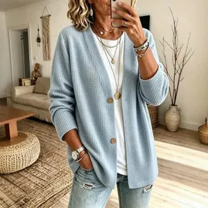 Damen einfarbige Waffelstrick Strickjacke lose V-Ausschnitt Strickware für den Alltag