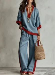 Casual linen two-piece set featuring a loose V-neck top and wide-leg trousers with contrast color.