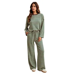 Women striped long sleeve loungewear set casual loose drawstring wide leg pants two piece outfit