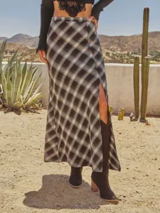 Vintage plaid split maxi skirt for women high waist A-line long skirt autumn wear