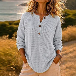 Waffle knit henley long sleeve top casual loose button pullover sweater women fashion shirt