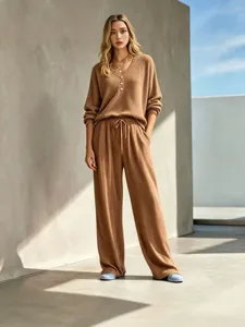 Waffle knit loose long sleeve top drawstring wide leg pants casual lounge set for women