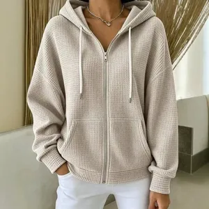 Women waffle knit zip up hoodie casual oversized jacket long sleeve sweatshirt outerwear