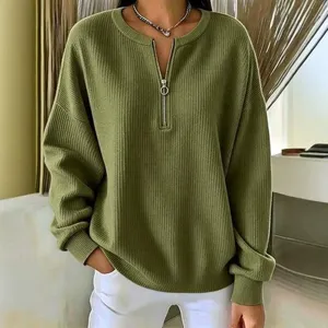 Women olive green half zip ribbed knit sweater casual loose long sleeve pullover top main view