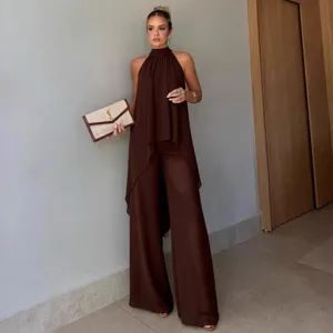 Summer women solid color halter sleeveless top and wide leg pants set, elegant casual outfit.