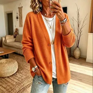 Einfarbige Waffelstrick Strickjacke Damen lose V-Ausschnitt Pullover Freizeit Oberbekleidung
