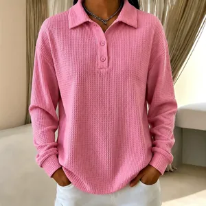 Women's waffle knit polo long sleeve top, casual loose button lapel pullover shirt.