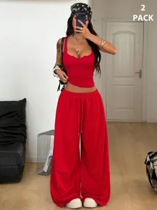 Women red crop tank top and wide leg sweatpants set, stylish casual two piece outfit.
