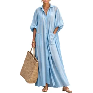 Casual lapel bubble sleeve long shirt dress with large pockets, loose cardigan design.