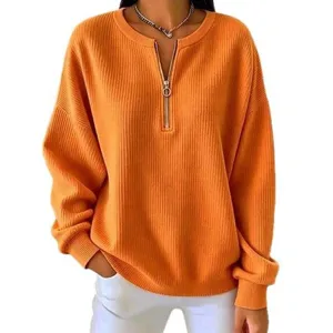 Women half zipper ribbed knit sweater loose drop shoulder solid color long sleeve top