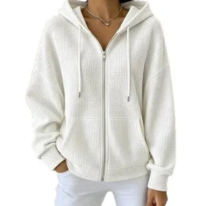 Women's white waffle knit zip-up hoodie, casual loose long sleeve hooded sweatshirt jacket.