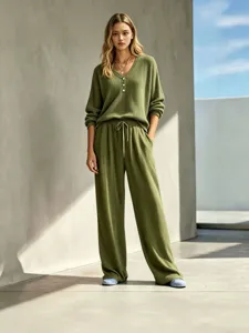 Olive green waffle knit two piece lounge set for women, long sleeve top and wide leg pants.