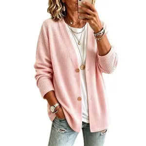 Damen rosa Waffelstrick Cardigan lose V-Ausschnitt Knopfleiste Pullover Freizeitjacke Mode