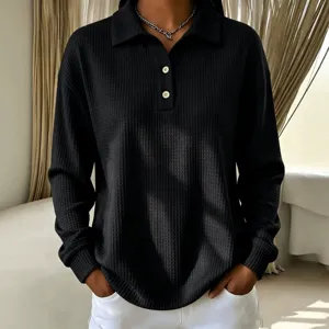 Women waffle knit long sleeve polo shirt casual loose button lapel top for daily wear