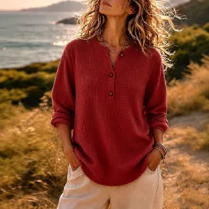 Waffle knit henley long sleeve top for women, casual button down loose pullover shirt.